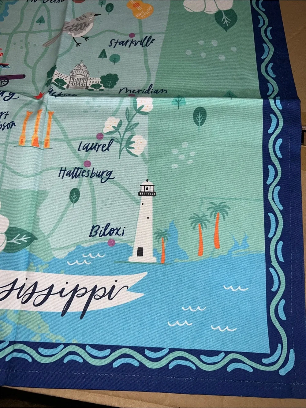Mary Square Mississippi Map Cotton Tea Towel - Aqua and Navy